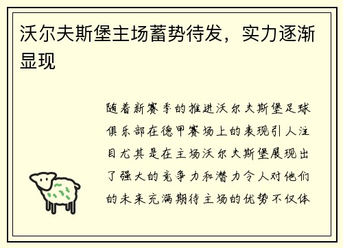 沃尔夫斯堡主场蓄势待发，实力逐渐显现
